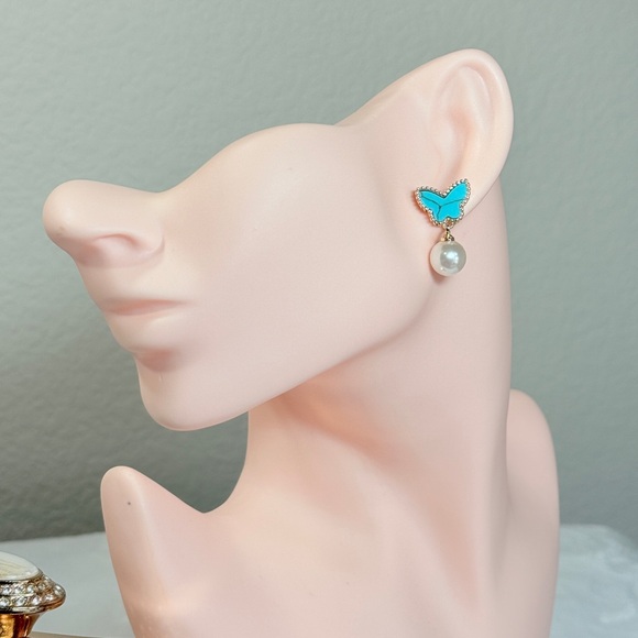 Gold and Turquoise Butterfly Pearl Earrings - Picture 3 of 6